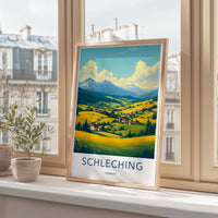 Vintage Travel Poster Print, Scenic German Countryside Art, Schleching Village Illustration, Retro Landscape Decor, Home Wall Art