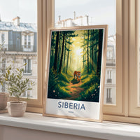 Siberia Travel Poster, Vintage Animal Art Print, Tiger in Forest Decor, Nature Wall Art, Home Office Decoration, Wildlife Artwork