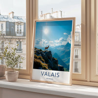 Valais Switzerland Travel Poster, Alpine Art Print, Mountain Goat Wall Art, Swiss Landscape Decor, Nature Photography