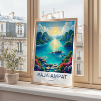 Raja Ampat Indonesia travel poster, Scenic sunrise wall art, Vibrant landscape decor, Nature lovers gift, Ocean view artwork