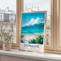 Okinawa Travel Poster, Beach Landscape Print, Coastal Wall Art, Scenic Seaside Decor, Tropical Vacation Illustration, Ocean View Artwork