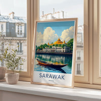 Sarawak Malaysia Travel Poster, Scenic Wall Art, Vintage-Style Print, Adventure Decor, Boating Landscape Illustration