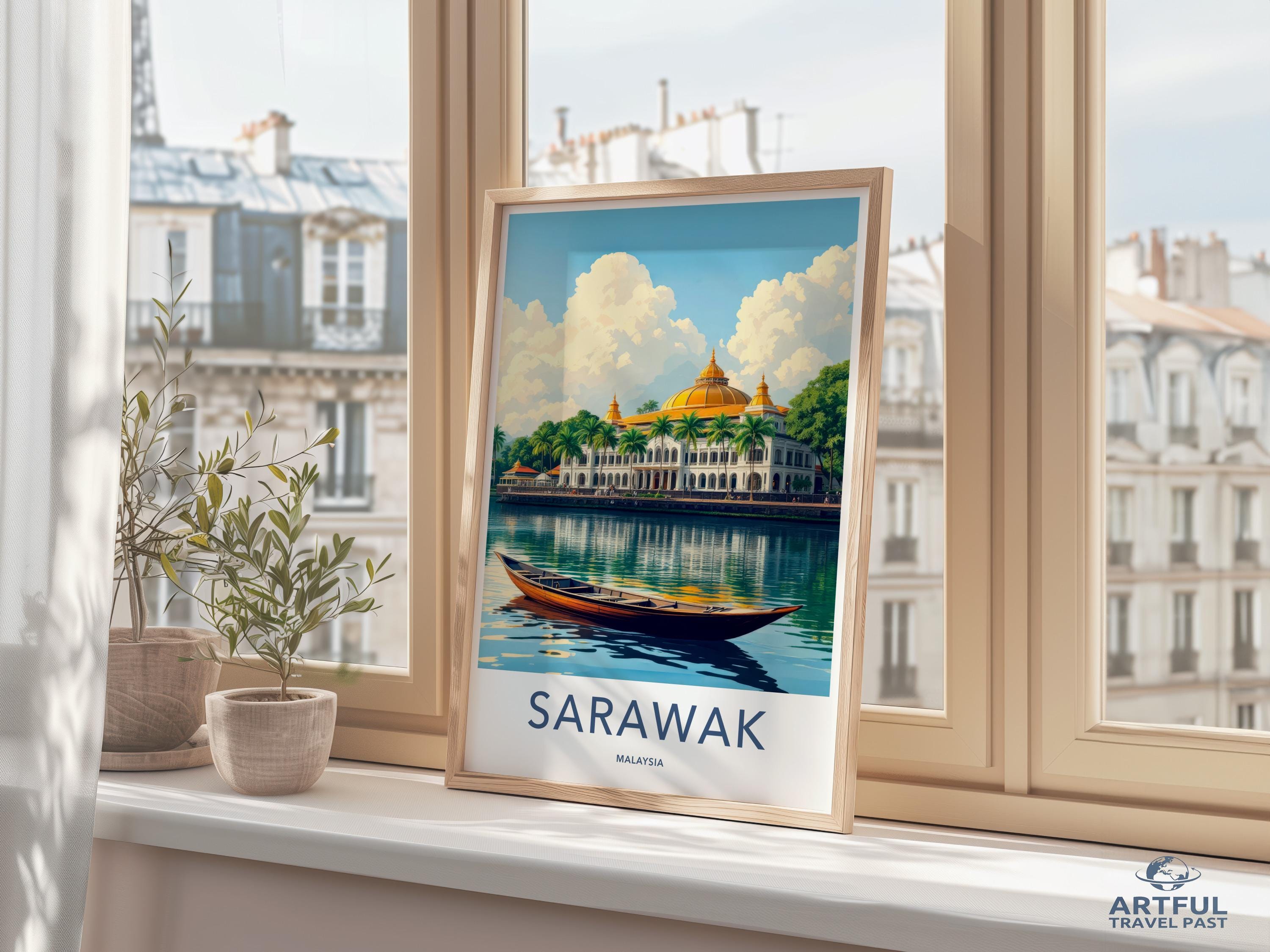 Sarawak Malaysia Travel Poster, Scenic Wall Art, Vintage-Style Print, Adventure Decor, Boating Landscape Illustration