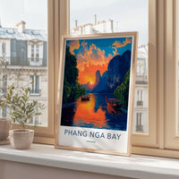 Phang Nga Bay art print, sunset landscape wall decor, travel poster, coastal scenery painting, Thailand artwork