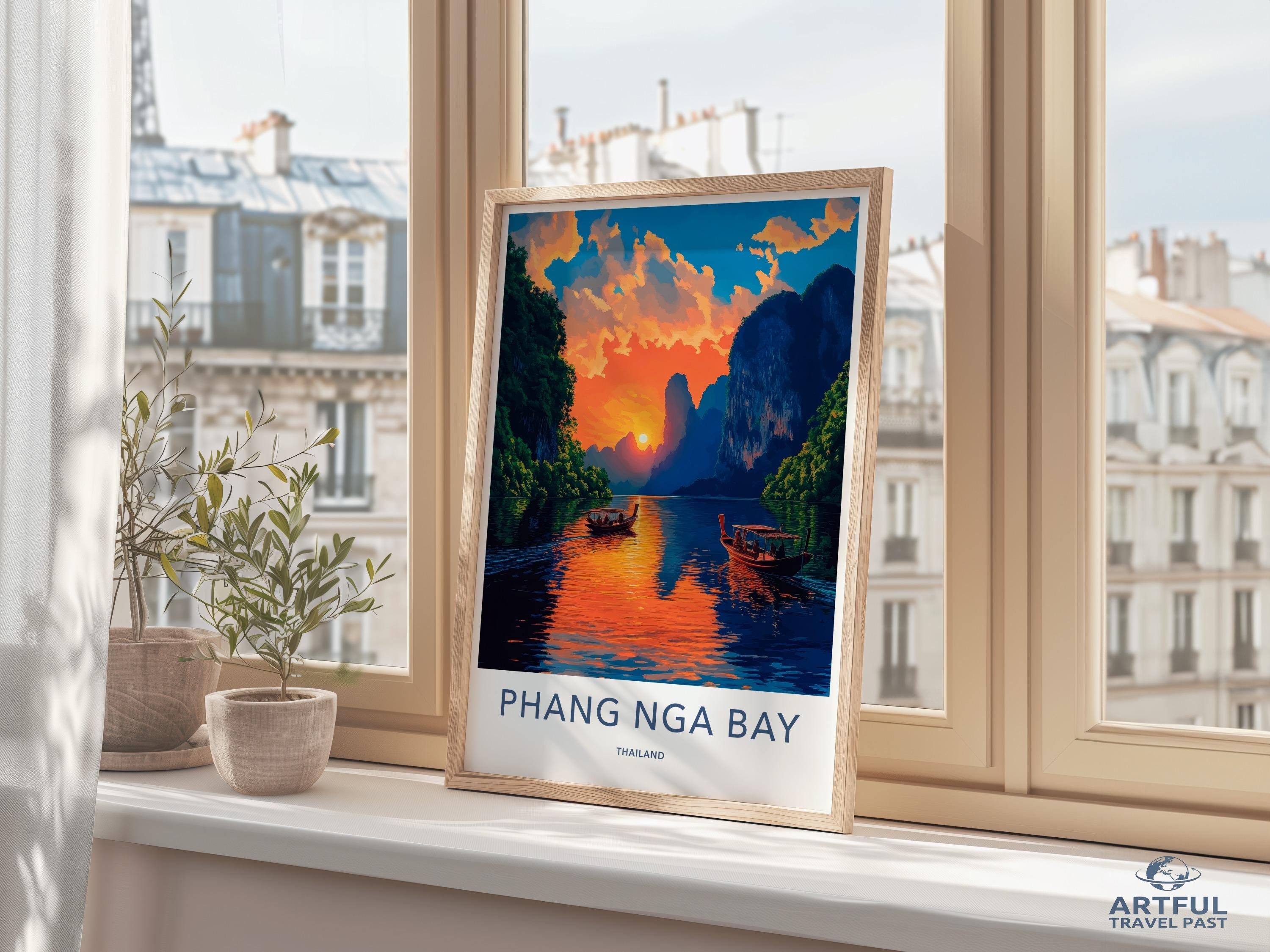 Phang Nga Bay art print, sunset landscape wall decor, travel poster, coastal scenery painting, Thailand artwork