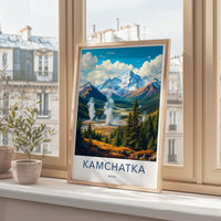 Kamchatka travel poster, vintage travel wall art, Russia landscape print, mountain and geyser art, retro decor, adventure lovers gift