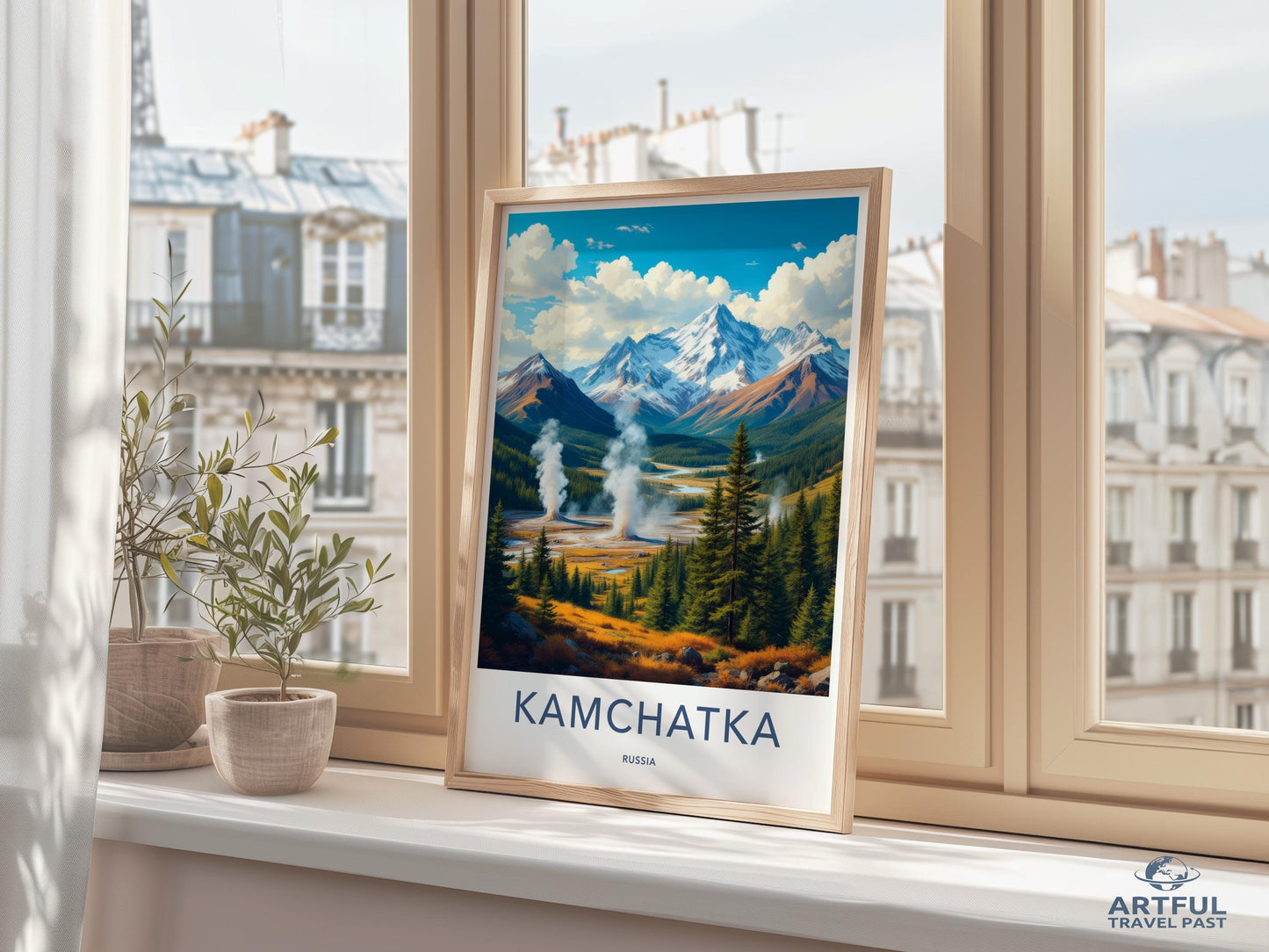 Kamchatka travel poster, vintage travel wall art, Russia landscape print, mountain and geyser art, retro decor, adventure lovers gift