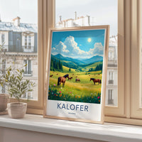 Kalofer Bulgaria travel poster, scenic landscape wall art, countryside view print, nature illustration decor, sunny meadow with horses