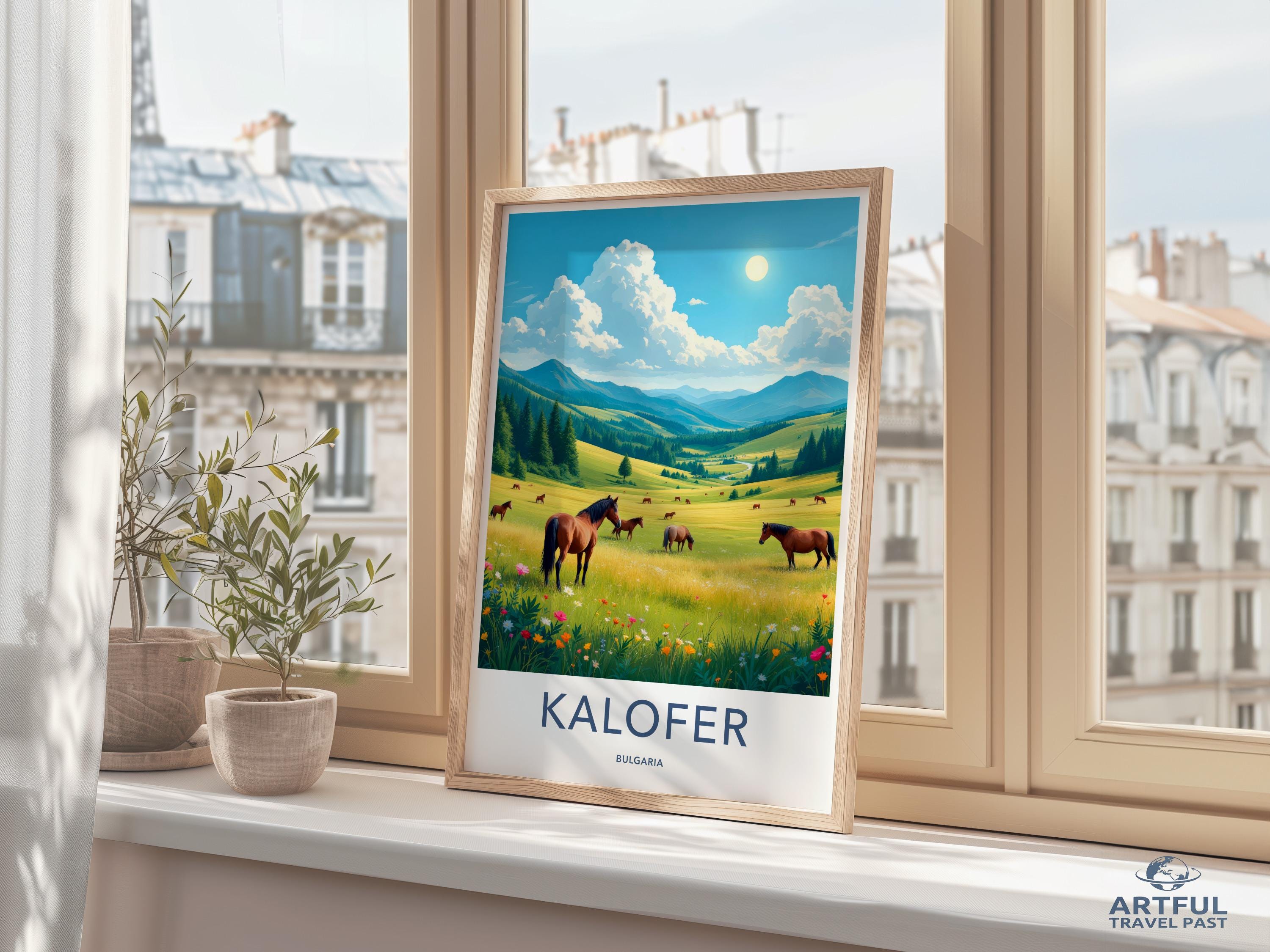 Kalofer Bulgaria travel poster, scenic landscape wall art, countryside view print, nature illustration decor, sunny meadow with horses