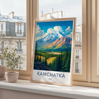 Kamchatka travel poster, Russia landscape art print, scenic mountain wall decor, nature lovers gift, colorful home decoration
