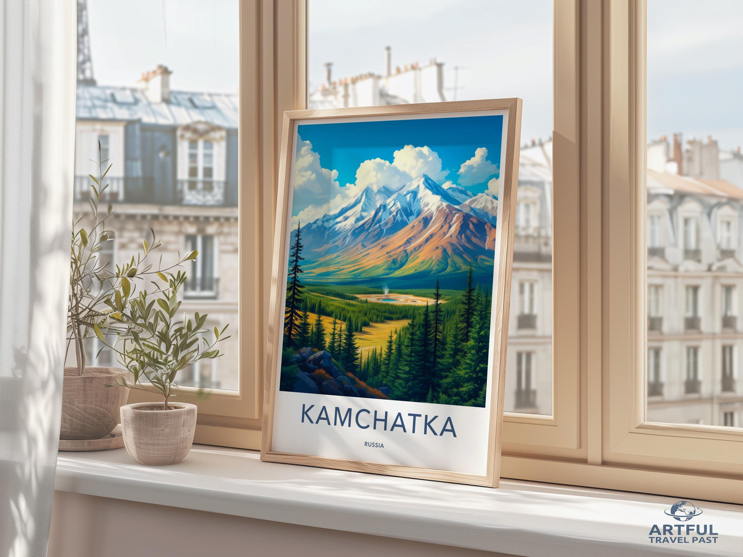 Kamchatka travel poster, Russia landscape art print, scenic mountain wall decor, nature lovers gift, colorful home decoration