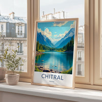 Chitral travel poster, scenic mountain lake art, Pakistani landscape print, nature wall decor, framed art for home