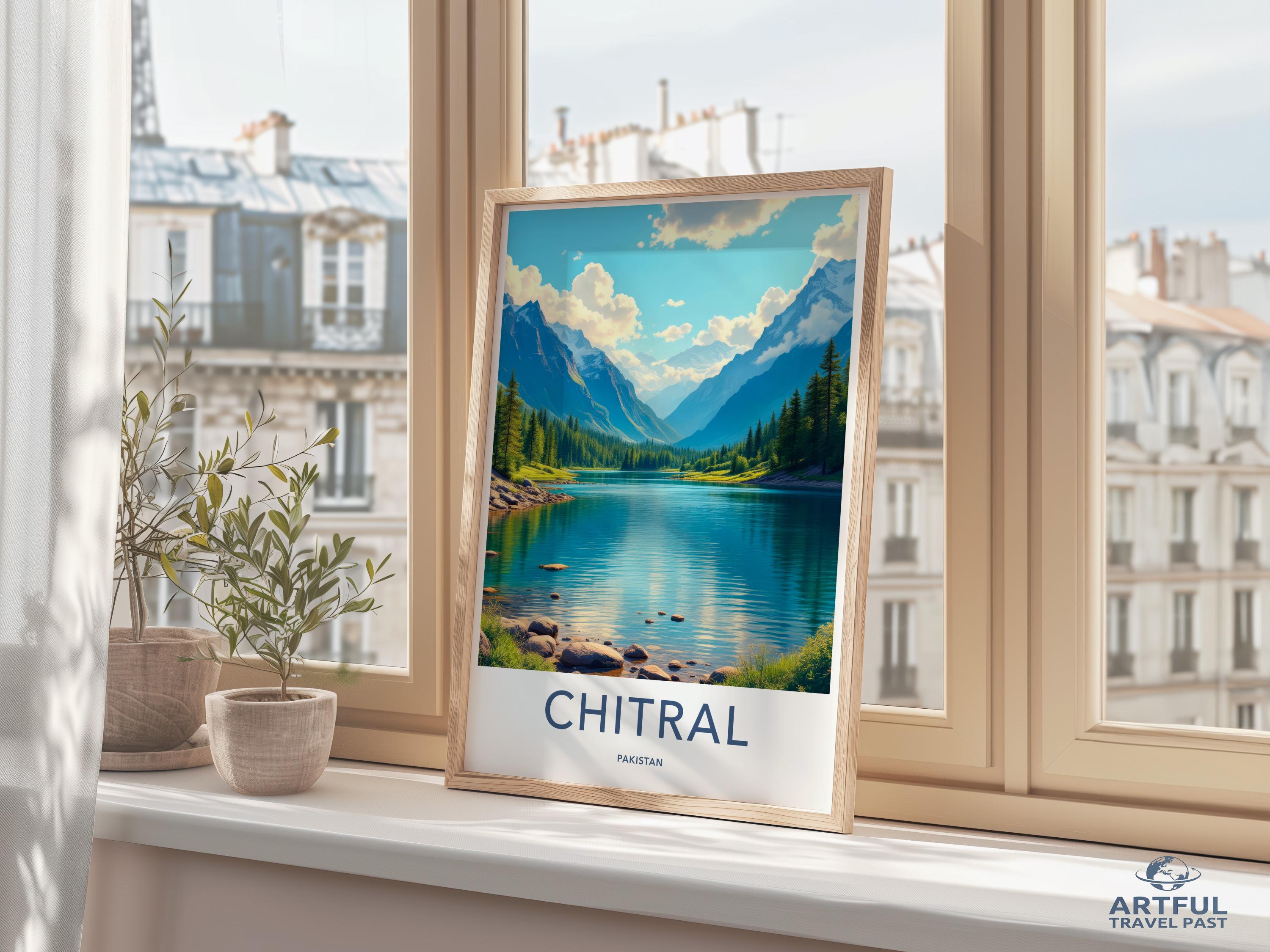 Chitral travel poster, scenic mountain lake art, Pakistani landscape print, nature wall decor, framed art for home