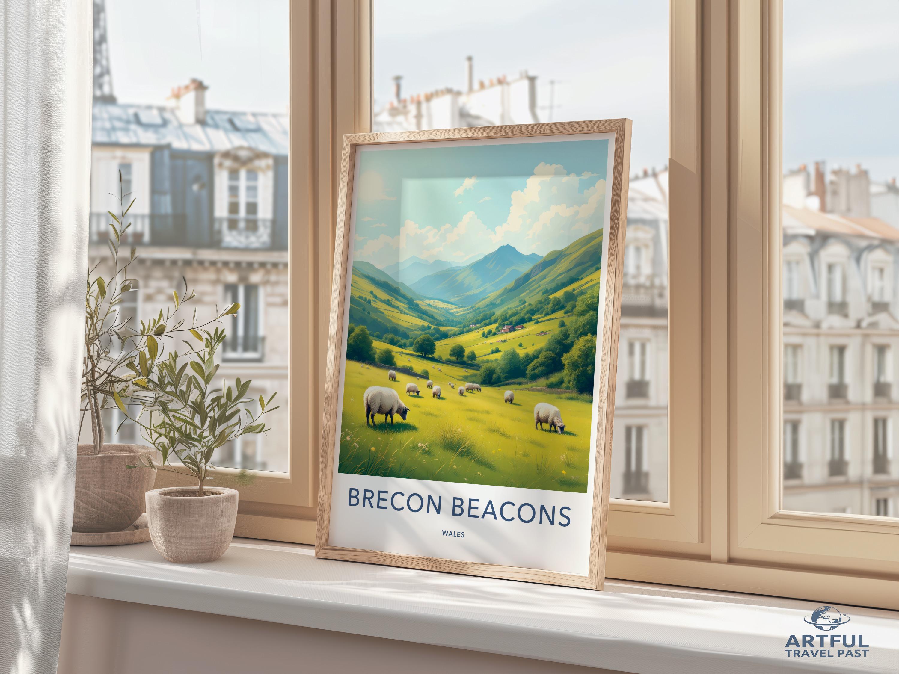 Brecon Beacons travel poster, Wales art print, Scenic countryside wall art, Nature landscape decor, Home office wall decor