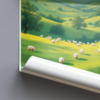 Pastoral Landscape Poster, Rolling Hills with Sheep Print, Countryside Art Decor, Wall Art for Living Room, Nature Inspired Poster