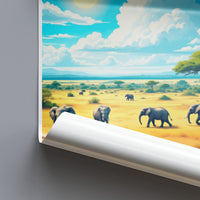 Elephant Safari Poster, African Landscape Print, Wild Animal Wall Art, Nature Inspired Decor, Adventure Travel Artwork for Home