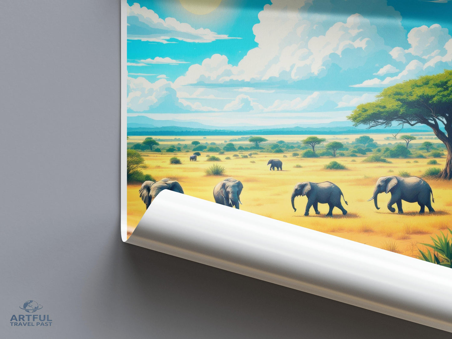 Elephant Safari Poster, African Landscape Print, Wild Animal Wall Art, Nature Inspired Decor, Adventure Travel Artwork for Home