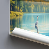 Serene Lake Poster, Heron in Tranquil Water Print, Forest Landscape Wall Art, Nature Inspired Home Decor, Scenic Wall Print