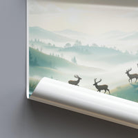 Scenic Hills and Deer Wallpaper, Nature Landscape Wall Art, Misty Mountains and Wildlife Decor, Forest Scenery Mural for Home