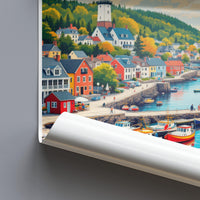 Coastal Town Poster, Harbor Wall Art, Colorful Landscape Print, Nautical Home Decor, Seaside Artwork, Scenic Coastal Illustration