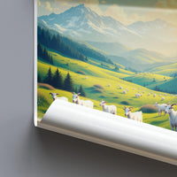 Mountain landscape art print, pastoral scenery wall decor, sheep in meadow poster, nature-inspired home decoration, travel wall art