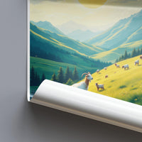 Scenic Mountain Valley with Grazing Sheep Poster, Serene Landscape Wall Art, Pastoral Nature Scene Print, Countryside Home Decor