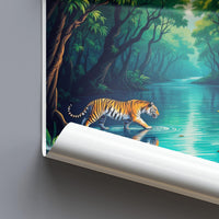 Tiger Jungle Landscape Poster, Nature Wildlife Scene Wall Art, Forest River Artwork Print, Animal Decor for Living Room, Office Decor