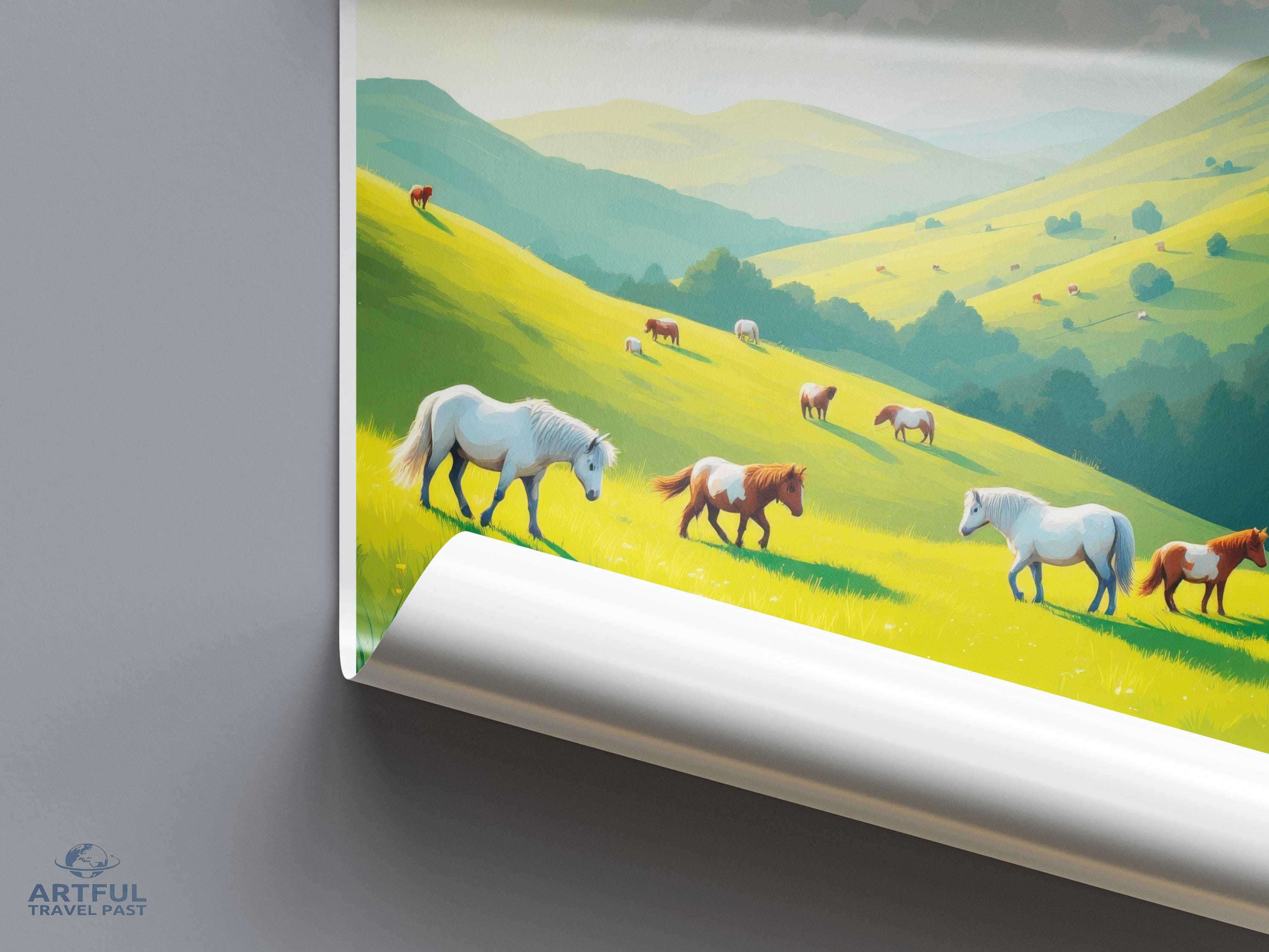 Horse Pasture Art Print, Scenic Farm Landscape Poster, Countryside Wall Decor, Equestrian Artwork, Nature Illustration