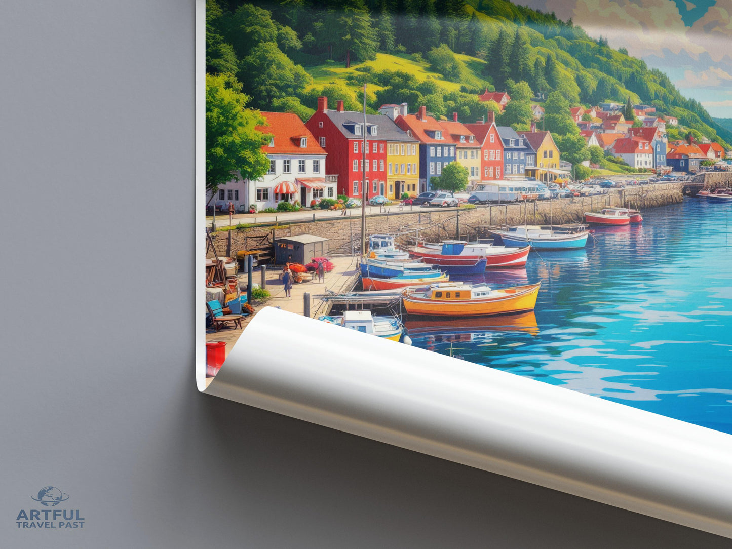 Colorful Coastal Town Poster, Vibrant Harbor Scene Wall Art, Scandinavian Seaside Print, Landscape Photography Decor