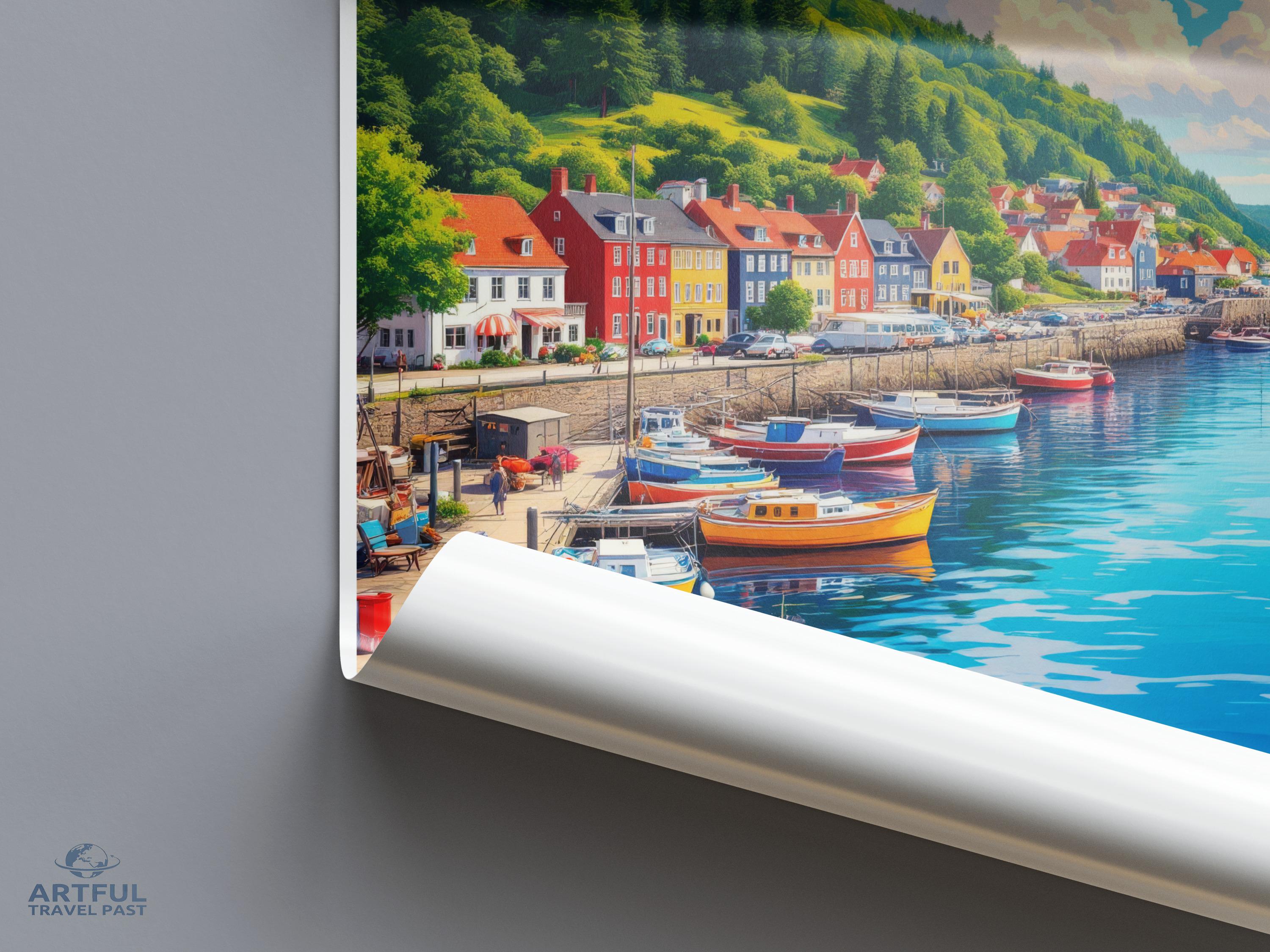 Colorful Coastal Town Poster, Vibrant Harbor Scene Wall Art, Scandinavian Seaside Print, Landscape Photography Decor