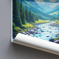 Scenic Mountain River Art Print, Wall Decor With Flowing Stream And Pine Trees, Nature Landscape Poster, Artwork For Home Or Office