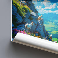 Scenic Mountain Landscape Poster with Goats, Vibrant Nature Wall Art, Beautiful Countryside View Print, Poster for Living Room Decor
