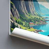 Scenic Mountain Coastal Poster, Nature Landscape Wall Art, Ocean Cliffs Painting Print, Scandinavian Travel Decor, Home Inspiration