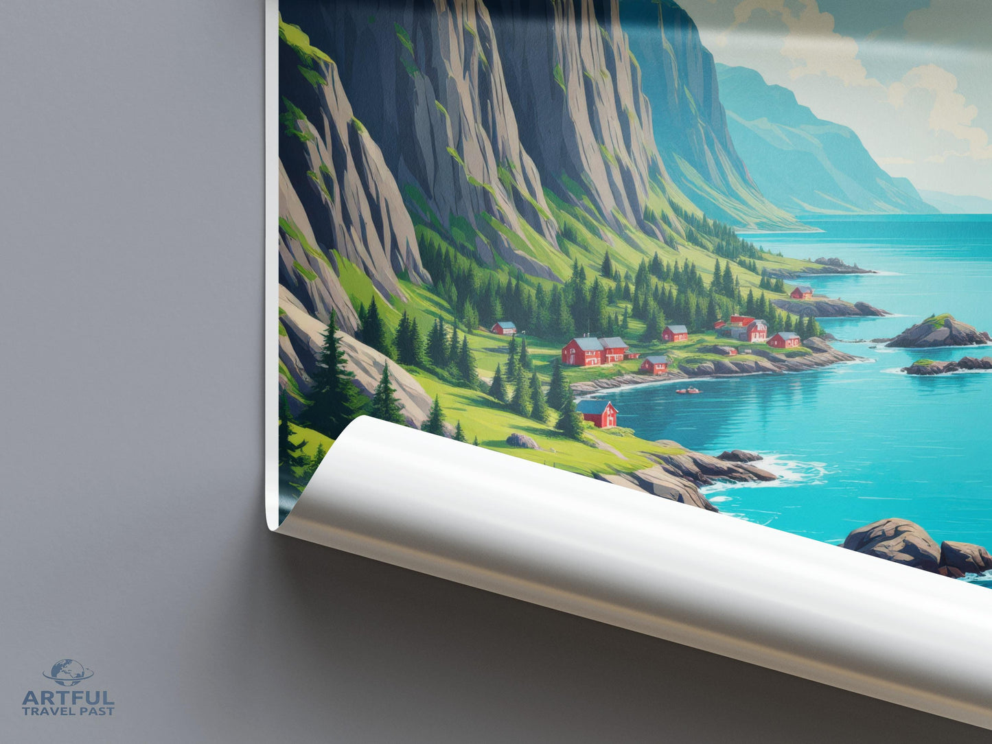 Scenic Mountain Coastal Poster, Nature Landscape Wall Art, Ocean Cliffs Painting Print, Scandinavian Travel Decor, Home Inspiration