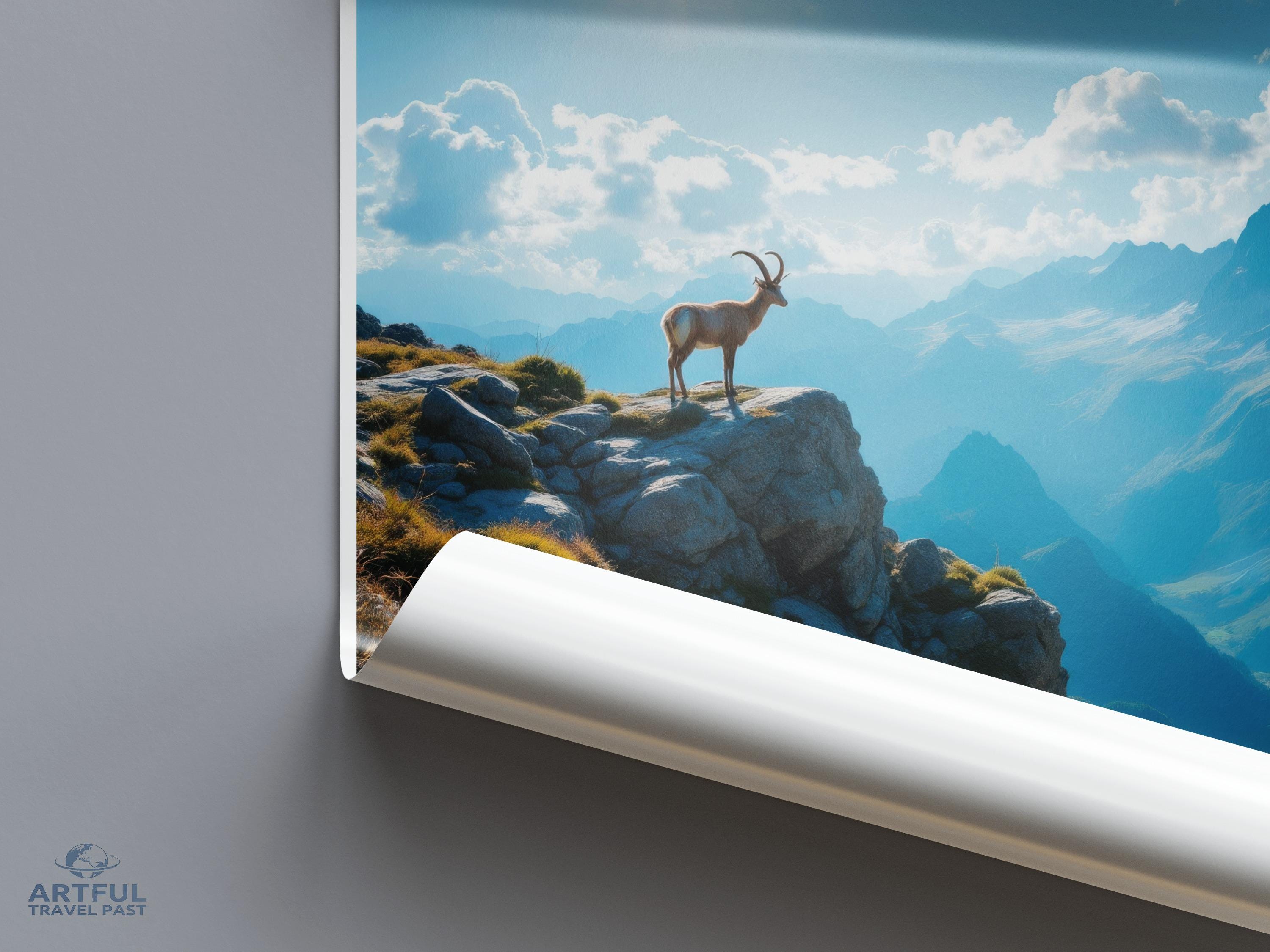Mountain Goat Landscape Poster, Scenic Wildlife Art Print, Nature Photography Wall Decor, Alpine Artwork for Home or Office