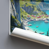 Stunning Coastal Landscape Wall Poster, Vibrant Seaside Village Art Print, Beach and Mountain Scenery Home Decor, Nature Artwork