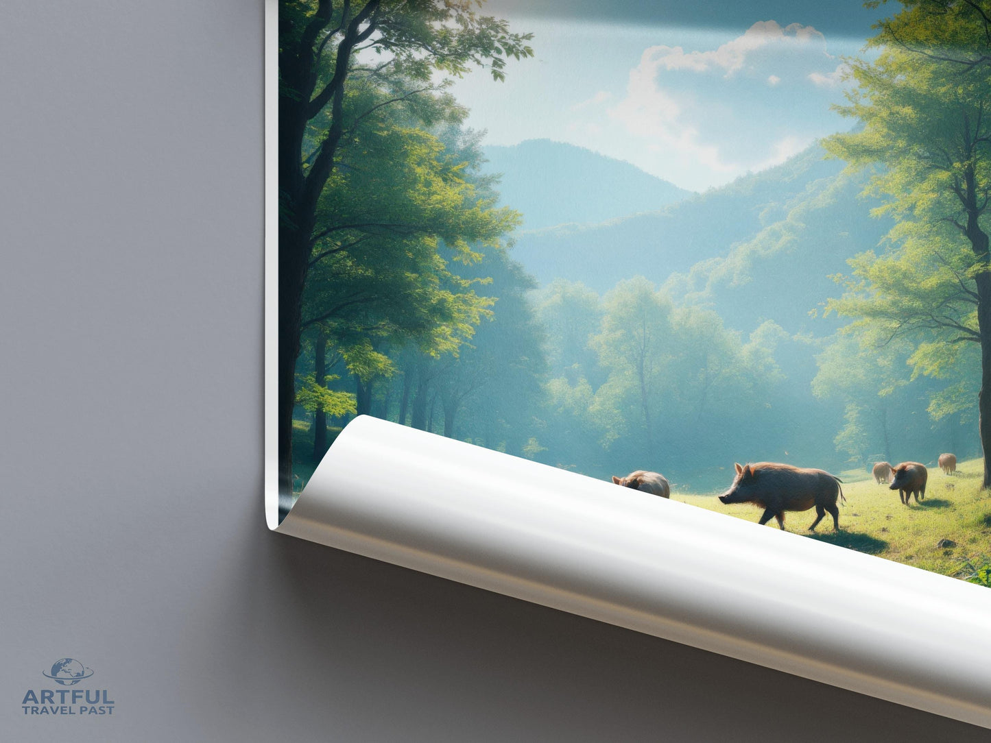 Wild Boar Forest Poster, Nature Landscape Wall Art, Animal Home Decor, Woodland Scenery Print, Rustic Wild Hog Artwork