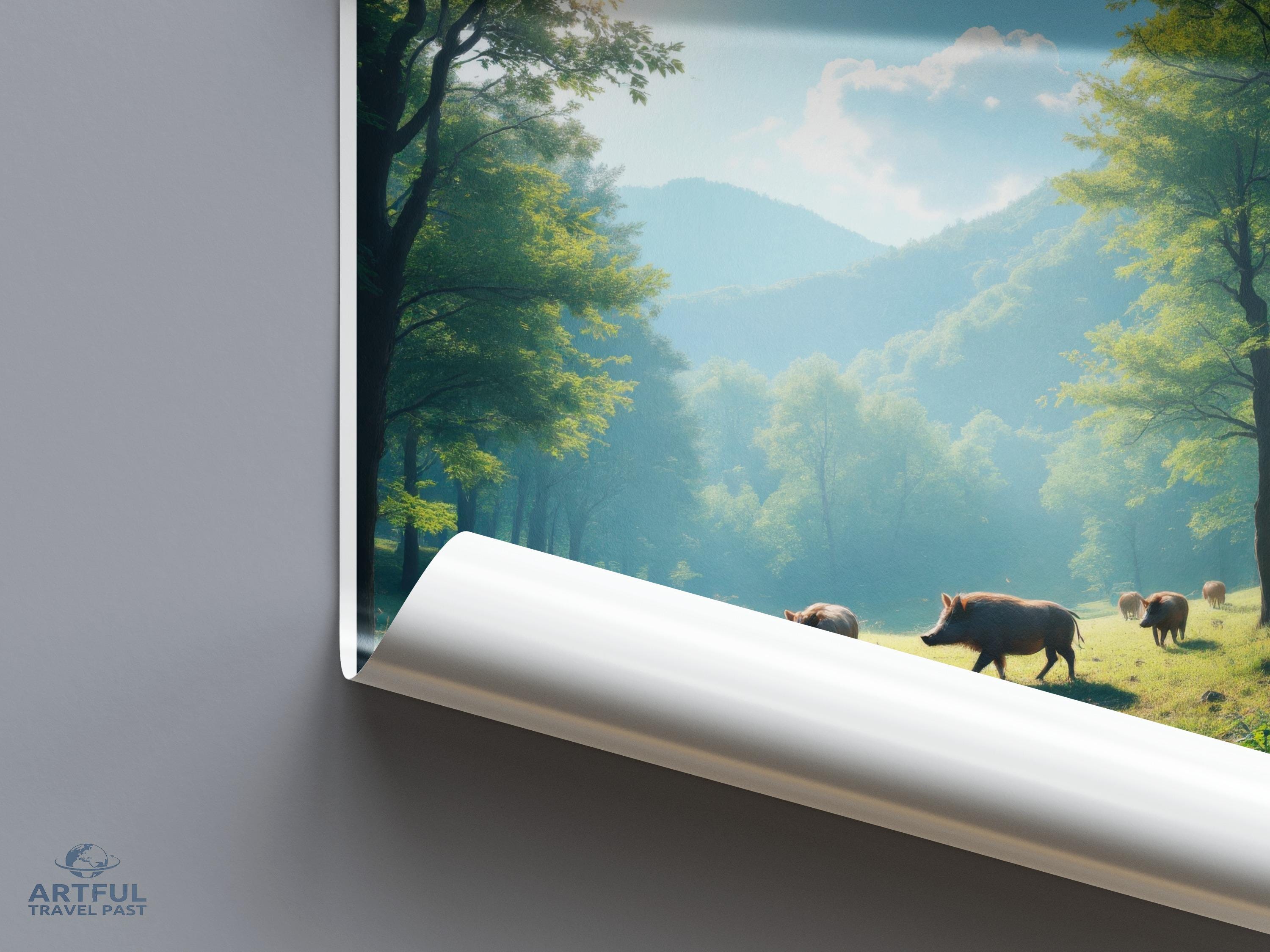 Wild Boar Forest Poster, Nature Landscape Wall Art, Animal Home Decor, Woodland Scenery Print, Rustic Wild Hog Artwork