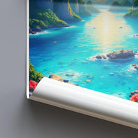 Wall art poster, tropical paradise beach landscape print, serene ocean view decor, coastal scenery illustration, vibrant nature artwork
