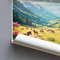 Scenic Mountain Valley Poster, Horses and Nature Wall Art, Vibrant Landscape Print, Perfect for Home Decor, High-Quality Artwork