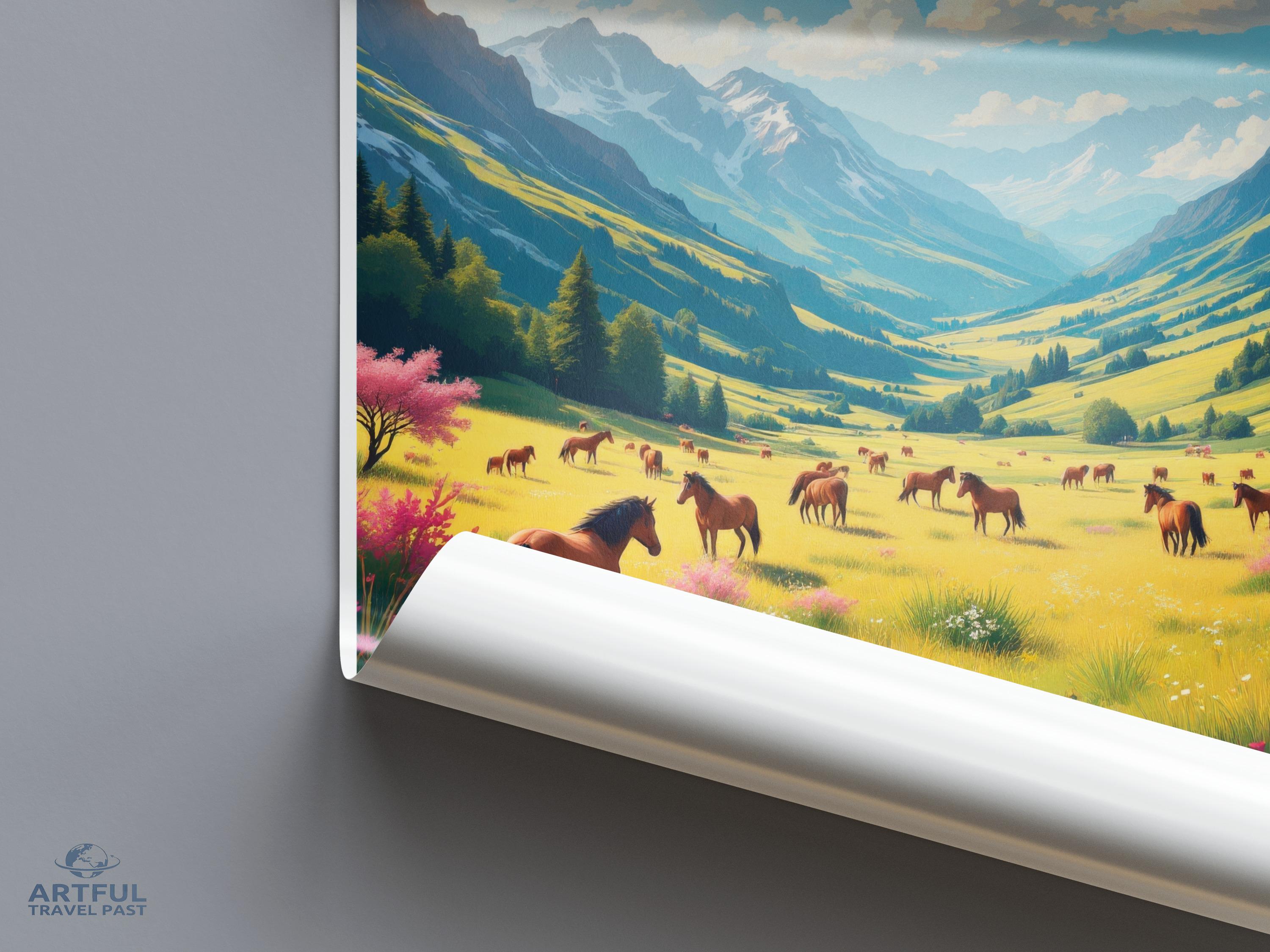 Scenic Mountain Valley Poster, Horses and Nature Wall Art, Vibrant Landscape Print, Perfect for Home Decor, High-Quality Artwork