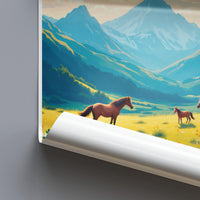 Mountain landscape wall art, nature scenery poster, horse print, vibrant travel decor, animal artwork, colorful mountain decor
