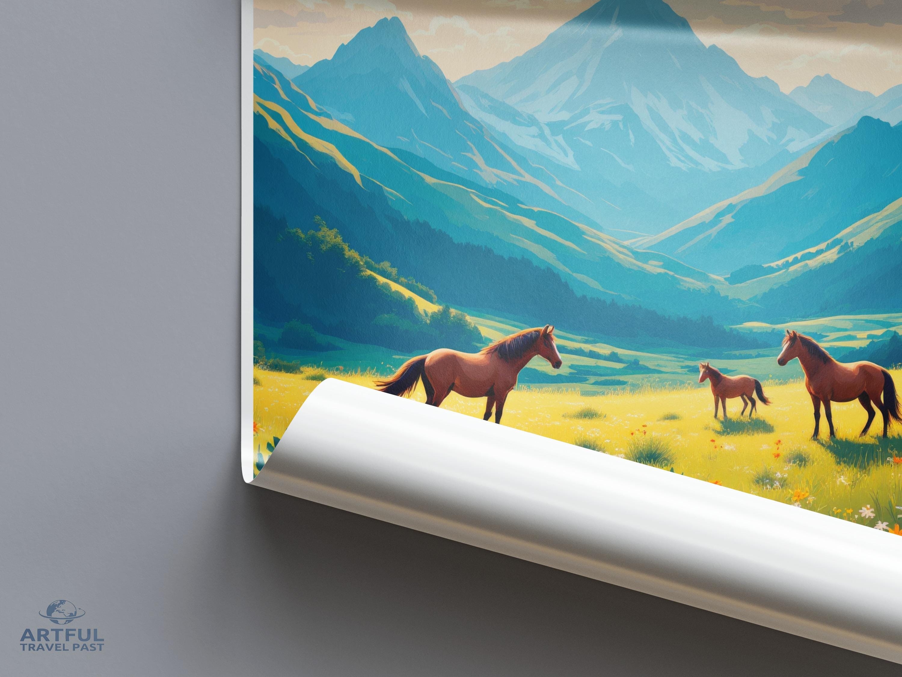 Mountain landscape wall art, nature scenery poster, horse print, vibrant travel decor, animal artwork, colorful mountain decor