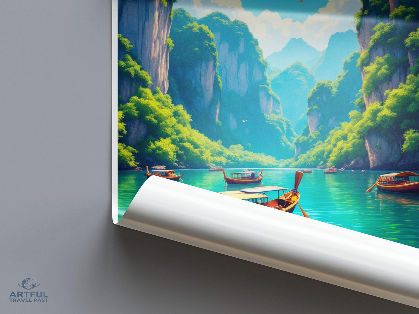 Scenic Nature Poster, Mountain Lake Artwork, Serene Landscape Print, Wall Decor, Boat and Water Canvas, Travel Photography