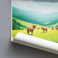 Scenic mountain landscape wall art, Highland cattle meadow poster, Countryside nature print, Green valley view decor