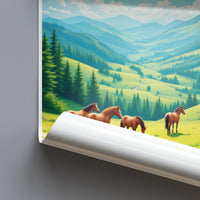 Scenic Mountain Valley Poster, Horses Artwork Print, Nature Landscape Illustration, Home Decor Wall Art, Peaceful Countryside Scene