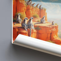 Surreal Lemurs on Rocky Cliffs Art Print, Unique Wildlife Wall Art, Nature Inspired Decor, Dreamy Lemur Landscape Poster