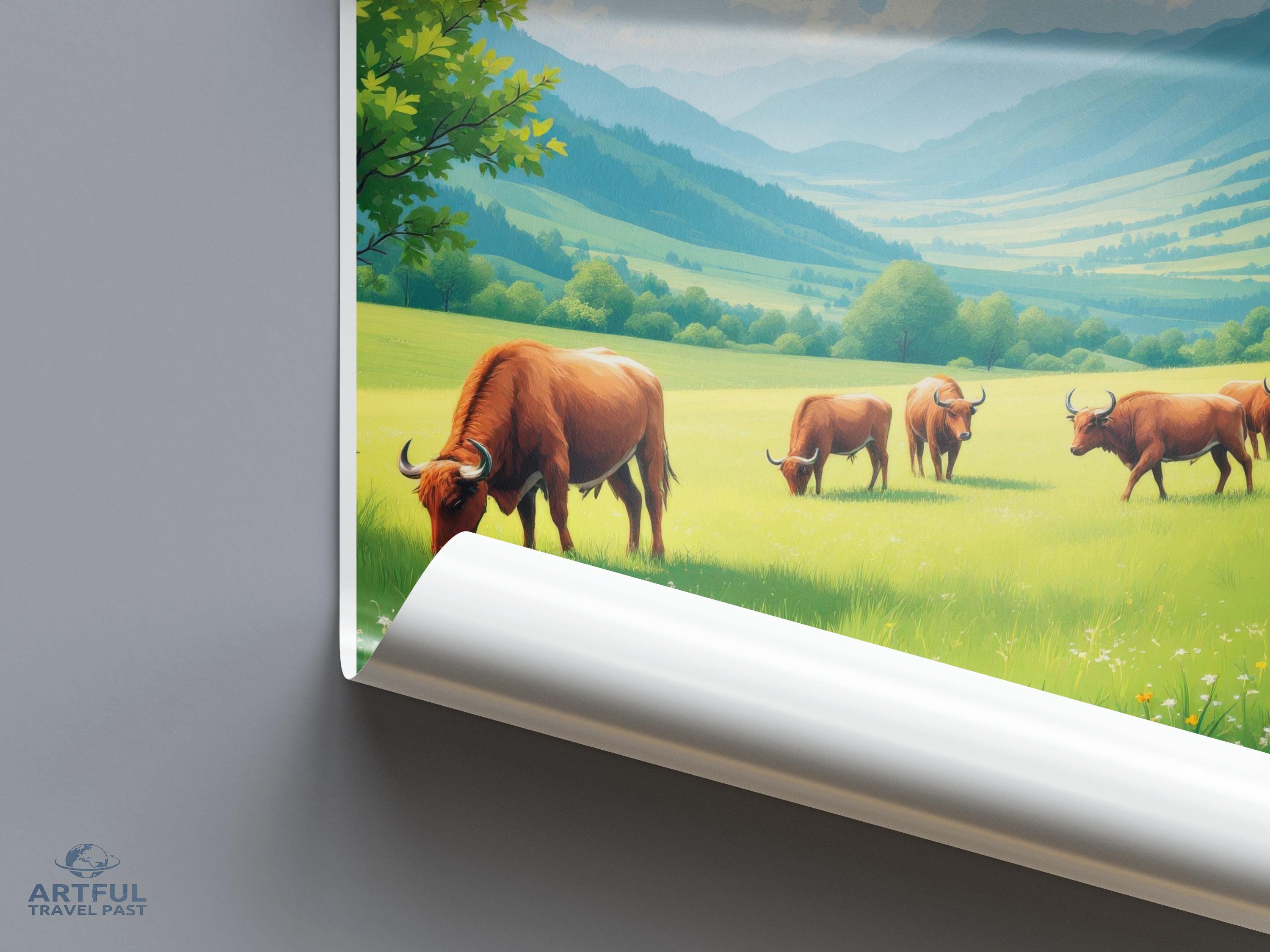 Beautiful Mountain Landscape Wall Art, Large Farm Animals Poster, Rustic Countryside Print, Ideal Home Decor, Sunrise Pastoral Scene