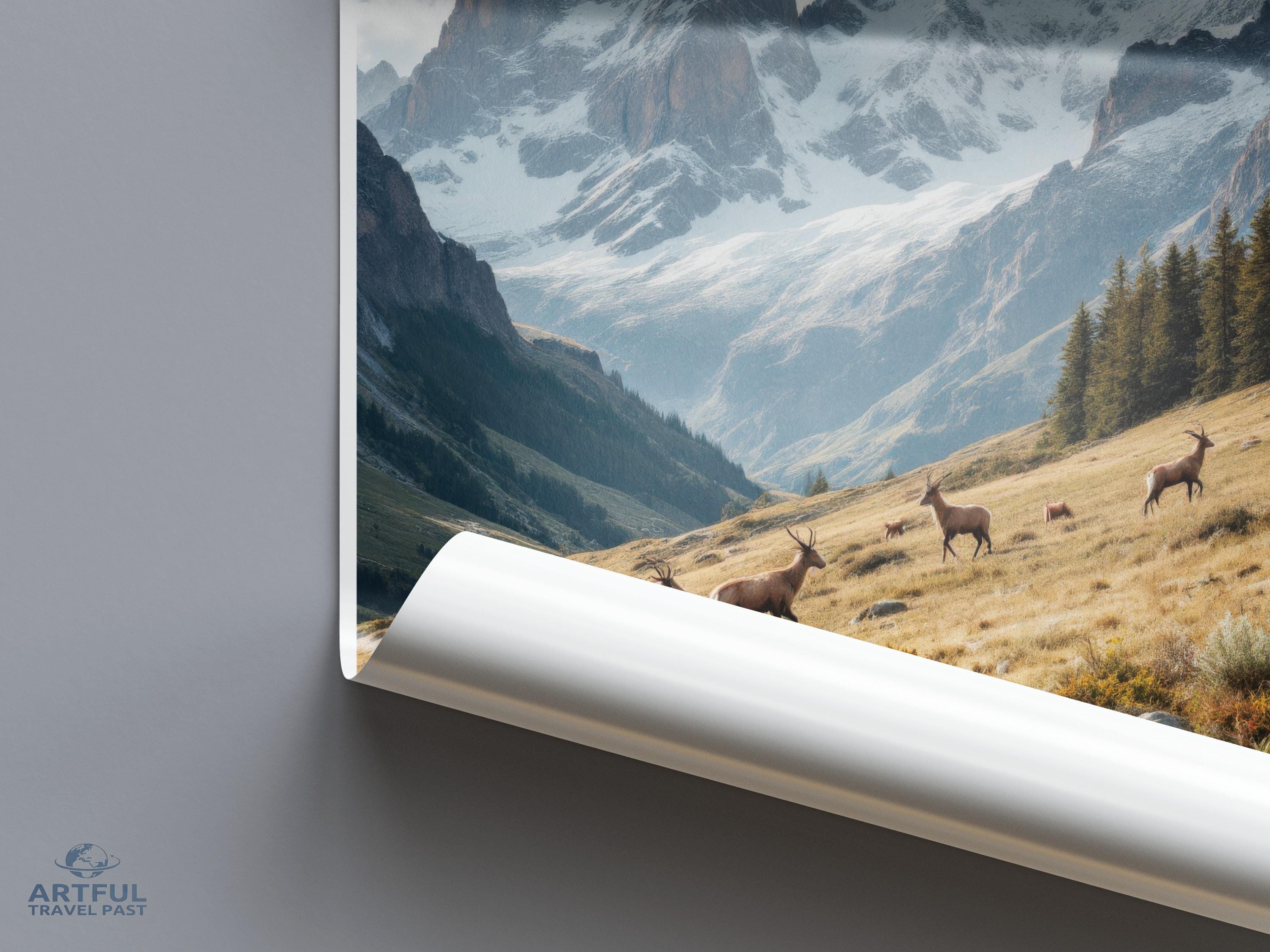 Mountain Landscape Poster, Nature Wall Art, Alpine Scenery Print, Wildlife Art, Home Decor, Living Room Wall Art, Scenic Artwork