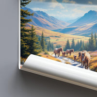 Scenic horse landscape poster, Nature wall art, Mountain valley print, Wild horses decor, Living room artwork, Peaceful scenery